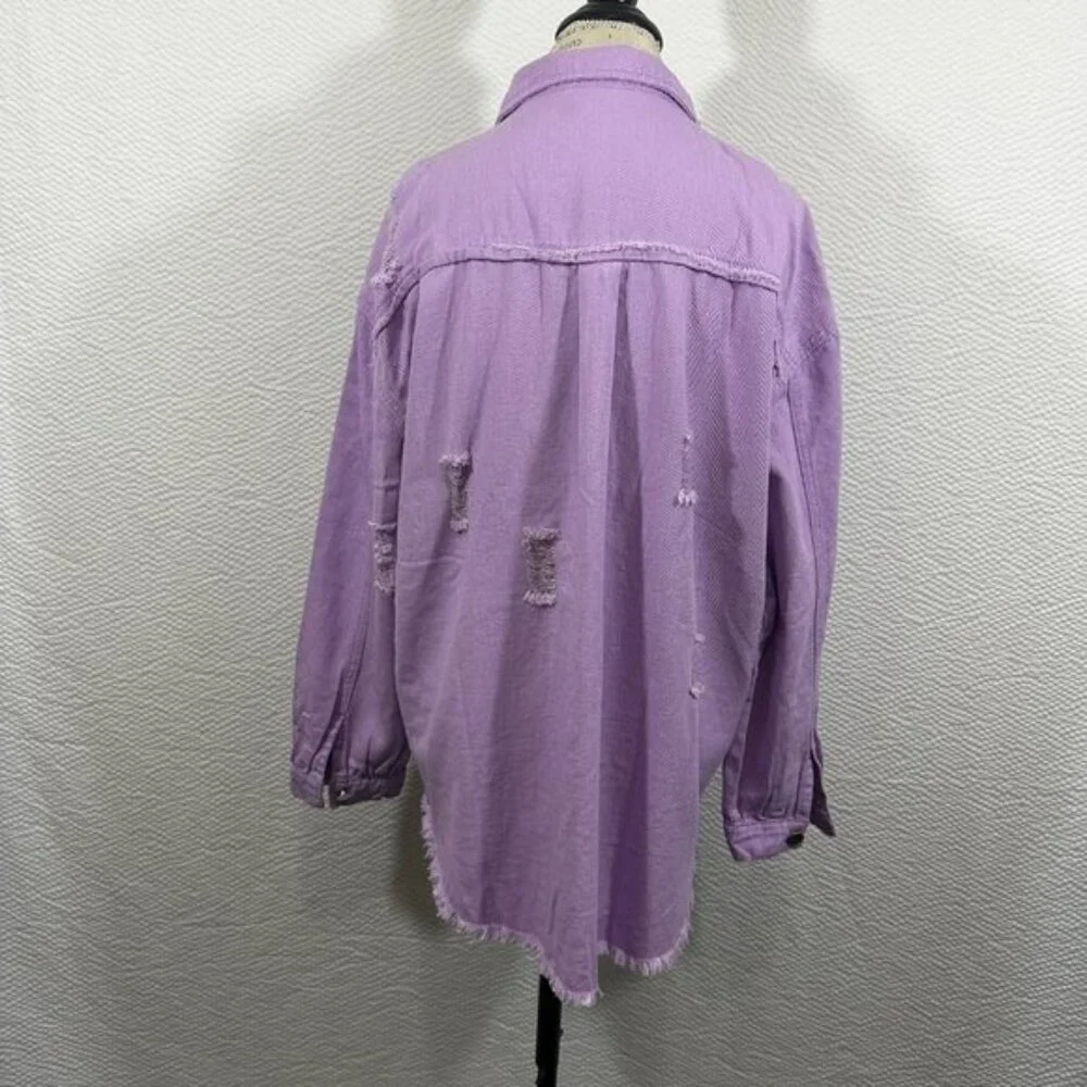 Jeans Ripped Raw Edge Oversized Denim Jacket, Distressed Collar Long Sleeves Y2K - Picture 9 of 10